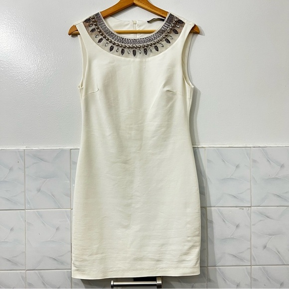 Zara Trafaluc L Cream Embellished Classy Chic Minimalist Bodycon Mini Dress - Picture 1 of 10